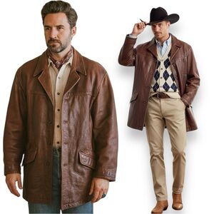 M. Julian Wilsons Mens Brown Leather Coat Quilted Jacket Western Hunter Cowboy L